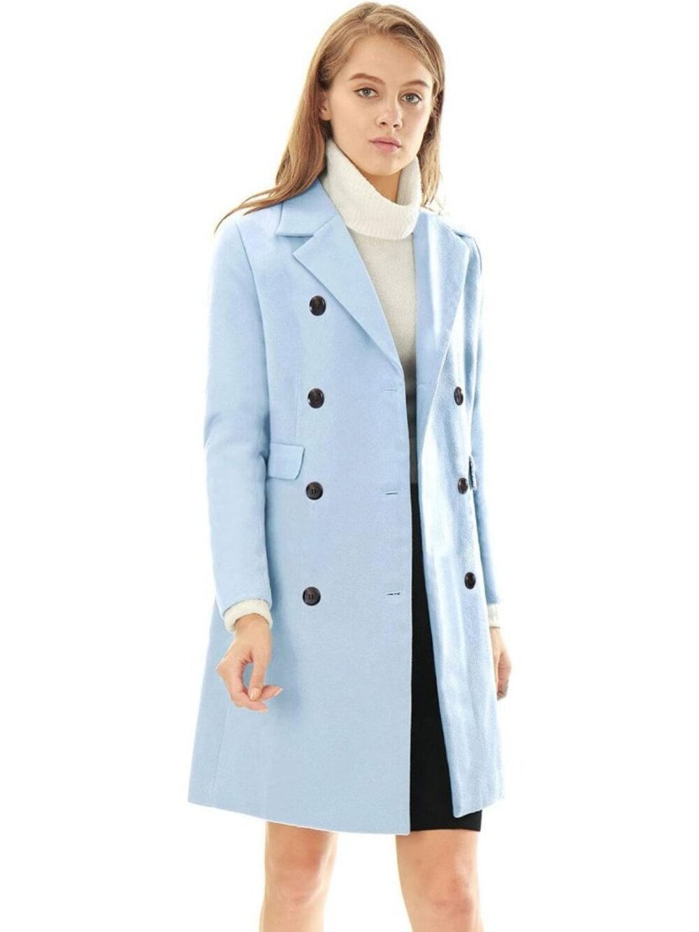 Stylish Women's Winter Coat, Notched Lapel, Double Breasted Trench Peacoat